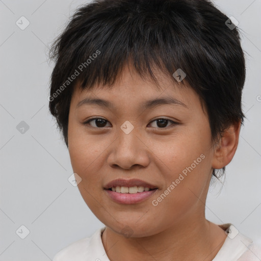 Joyful asian young-adult female with short  brown hair and brown eyes