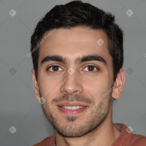 Joyful white young-adult male with short  brown hair and brown eyes