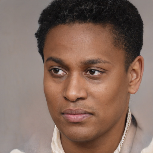 Joyful black young-adult male with short  brown hair and brown eyes