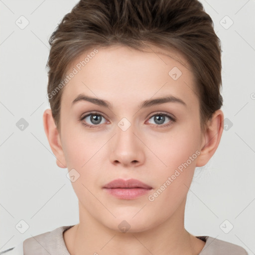 Neutral white young-adult female with short  brown hair and brown eyes