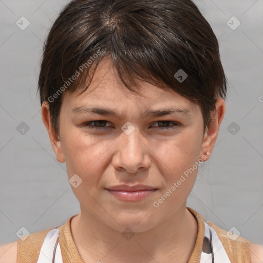 Joyful white young-adult female with short  brown hair and brown eyes