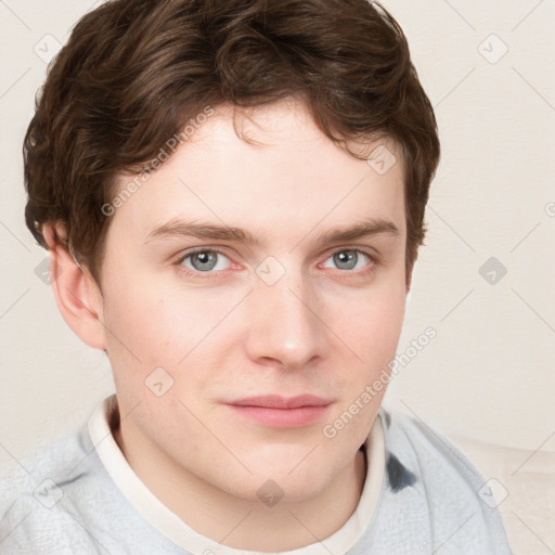 Neutral white young-adult male with short  brown hair and blue eyes