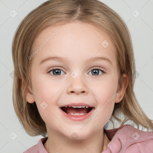 Joyful white child female with medium  brown hair and blue eyes