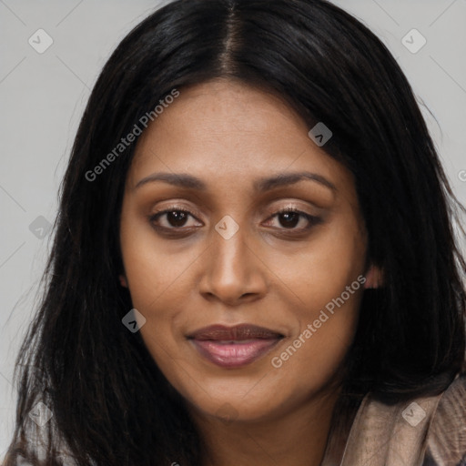 Joyful asian young-adult female with long  black hair and brown eyes