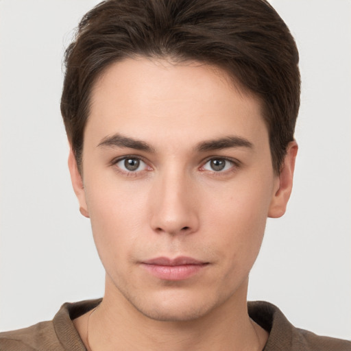 Neutral white young-adult male with short  brown hair and brown eyes