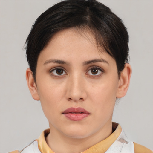 Neutral white young-adult female with short  brown hair and brown eyes