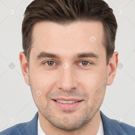 Joyful white young-adult male with short  brown hair and brown eyes