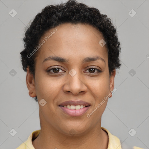 Joyful latino young-adult female with short  brown hair and brown eyes