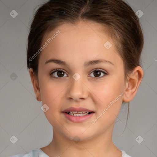 Joyful white child female with medium  brown hair and brown eyes