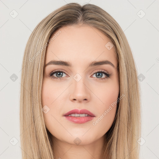 Neutral white young-adult female with long  brown hair and brown eyes