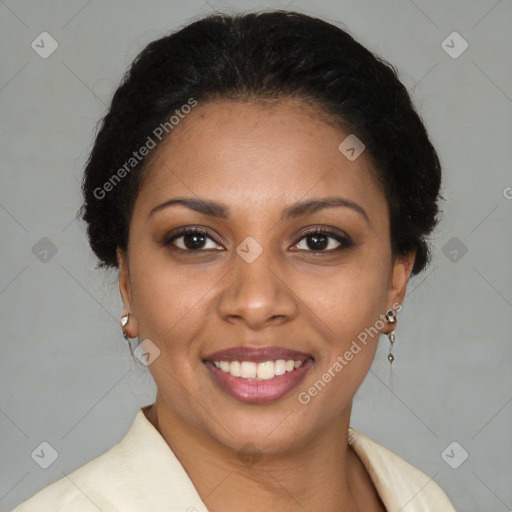 Joyful latino young-adult female with medium  brown hair and brown eyes