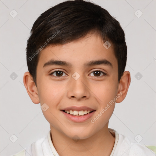 Joyful white child male with short  brown hair and brown eyes