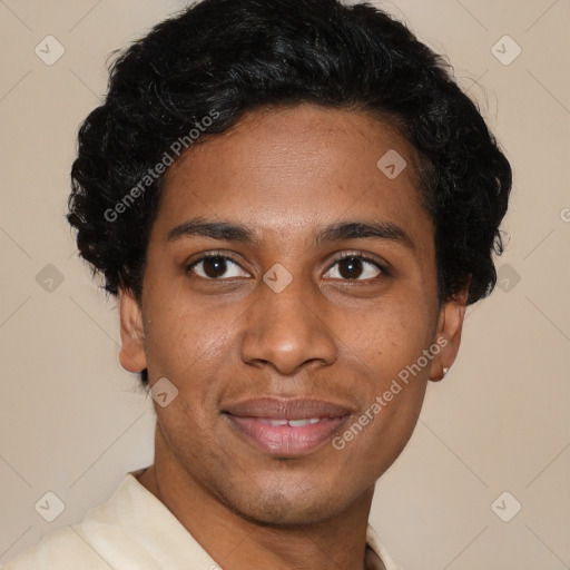 Joyful latino young-adult male with short  brown hair and brown eyes