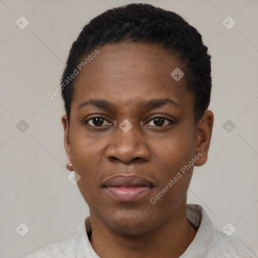 Neutral black young-adult female with short  black hair and brown eyes