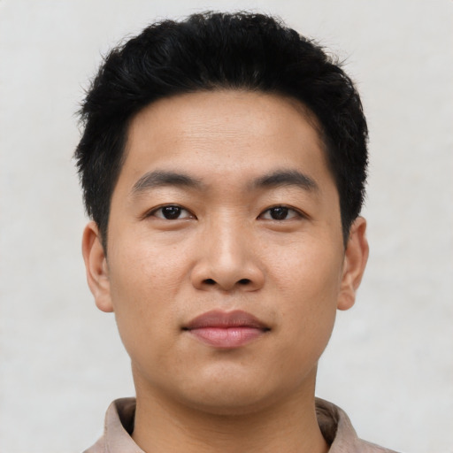 Neutral asian young-adult male with short  black hair and brown eyes