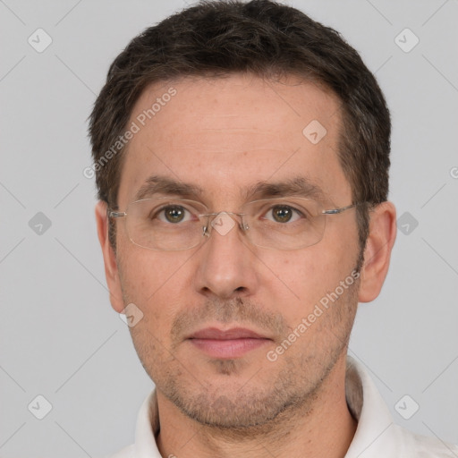 Neutral white adult male with short  brown hair and brown eyes