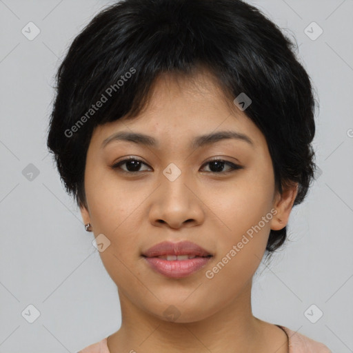 Joyful asian young-adult female with medium  black hair and brown eyes