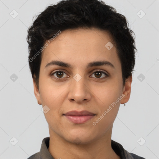 Joyful white young-adult female with short  brown hair and brown eyes