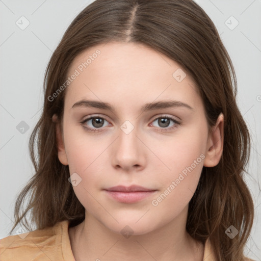 Neutral white young-adult female with long  brown hair and brown eyes