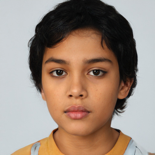 Neutral latino child female with medium  black hair and brown eyes