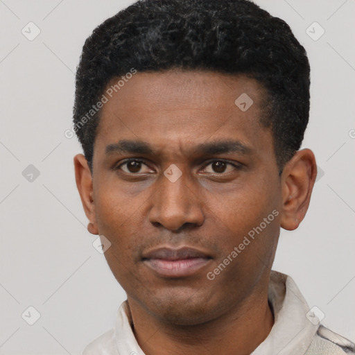 Neutral latino young-adult male with short  black hair and brown eyes