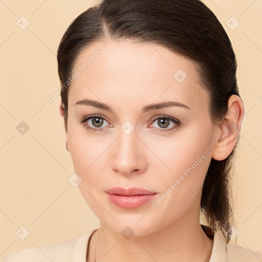 Neutral white young-adult female with medium  brown hair and brown eyes