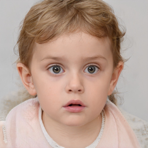 Neutral white child female with medium  brown hair and blue eyes