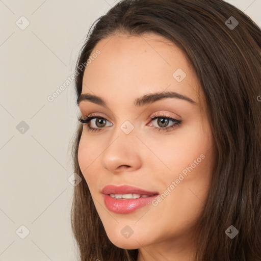 Neutral white young-adult female with long  brown hair and brown eyes