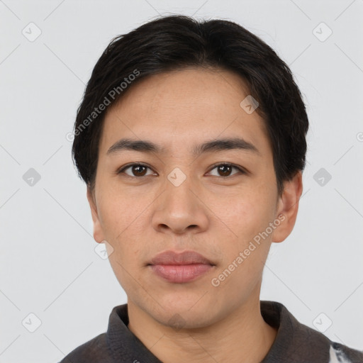 Neutral asian young-adult male with short  black hair and brown eyes