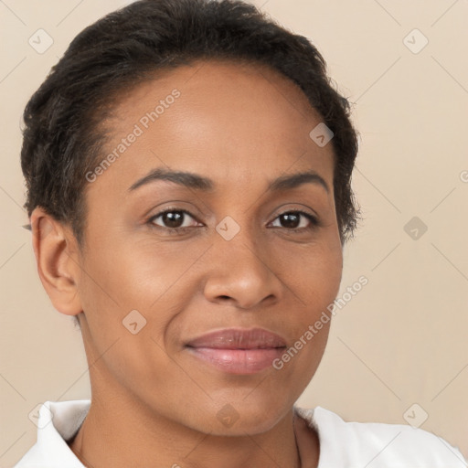 Joyful latino young-adult female with short  brown hair and brown eyes