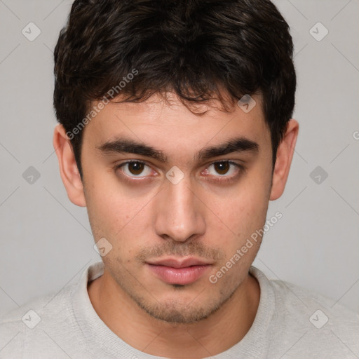 Neutral white young-adult male with short  brown hair and brown eyes