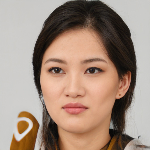 Neutral white young-adult female with medium  brown hair and brown eyes
