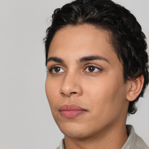 Neutral latino young-adult female with short  black hair and brown eyes