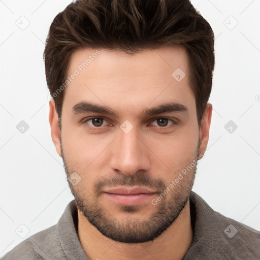 Neutral white young-adult male with short  brown hair and brown eyes