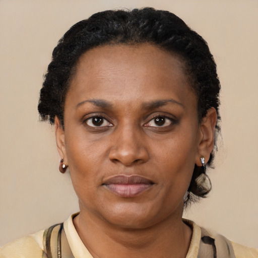 Neutral black young-adult female with short  black hair and brown eyes