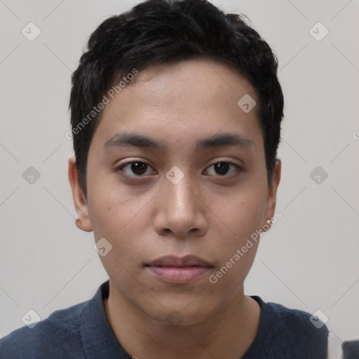 Neutral asian young-adult male with short  black hair and brown eyes