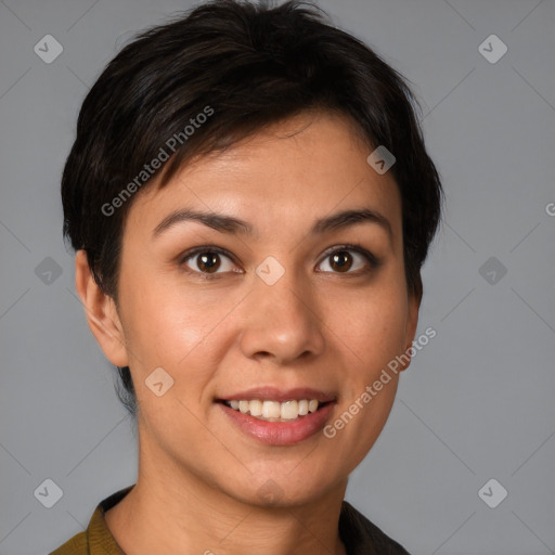 Joyful white young-adult female with short  brown hair and brown eyes