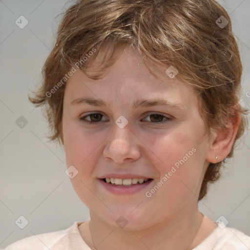 Joyful white child female with medium  brown hair and brown eyes