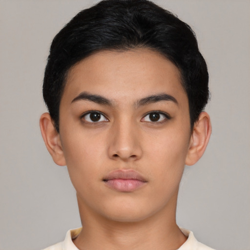 Neutral latino young-adult female with short  black hair and brown eyes