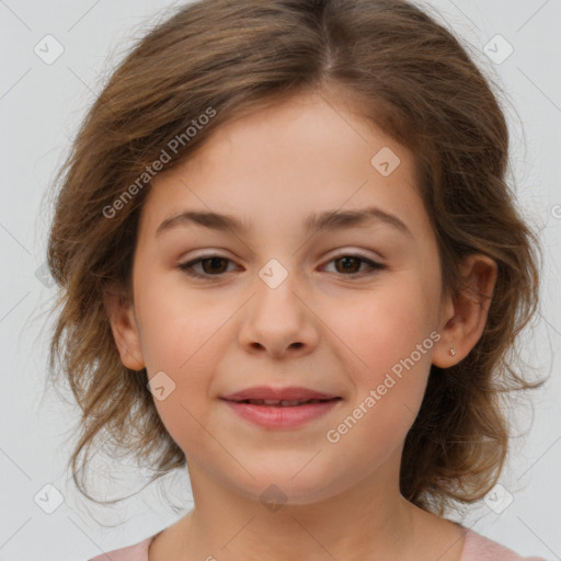 Joyful white child female with medium  brown hair and brown eyes