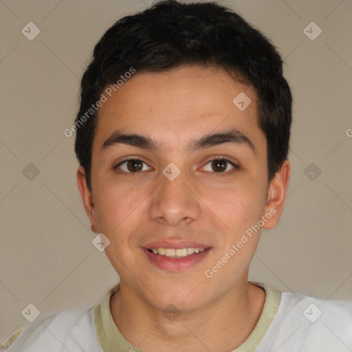 Joyful white young-adult male with short  black hair and brown eyes