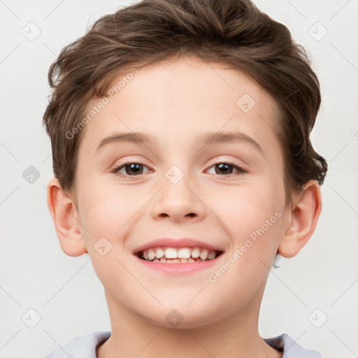 Joyful white child female with short  brown hair and brown eyes