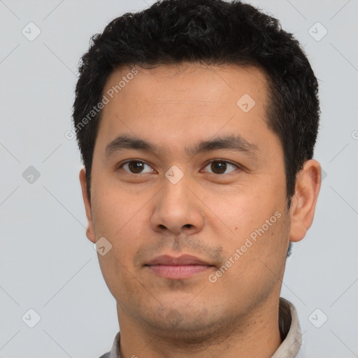 Neutral latino young-adult male with short  black hair and brown eyes