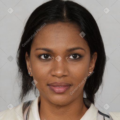 Joyful black young-adult female with medium  brown hair and brown eyes