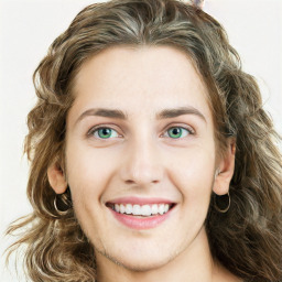 Joyful white young-adult female with long  brown hair and green eyes