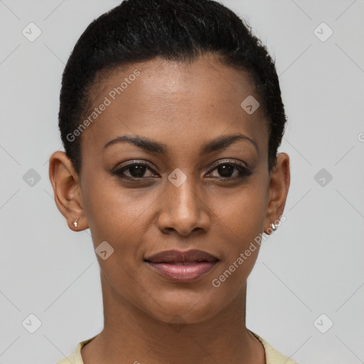Joyful latino young-adult female with short  brown hair and brown eyes