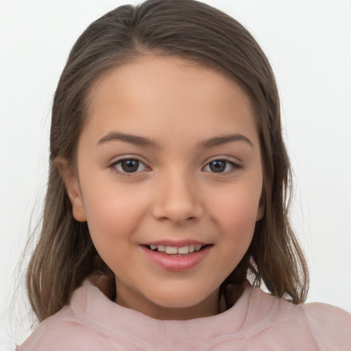 Joyful white child female with medium  brown hair and brown eyes