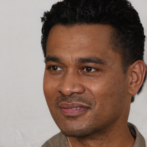 Joyful black young-adult male with short  black hair and brown eyes