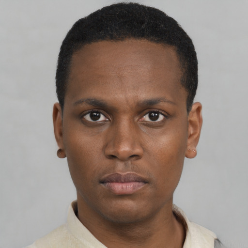 Neutral black young-adult male with short  black hair and brown eyes