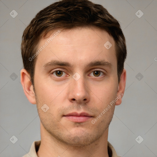 Neutral white young-adult male with short  brown hair and grey eyes